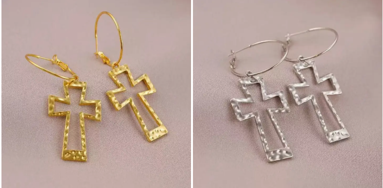 Cute Pair of Cross Hoop Earrings For Women. Gold and Silver