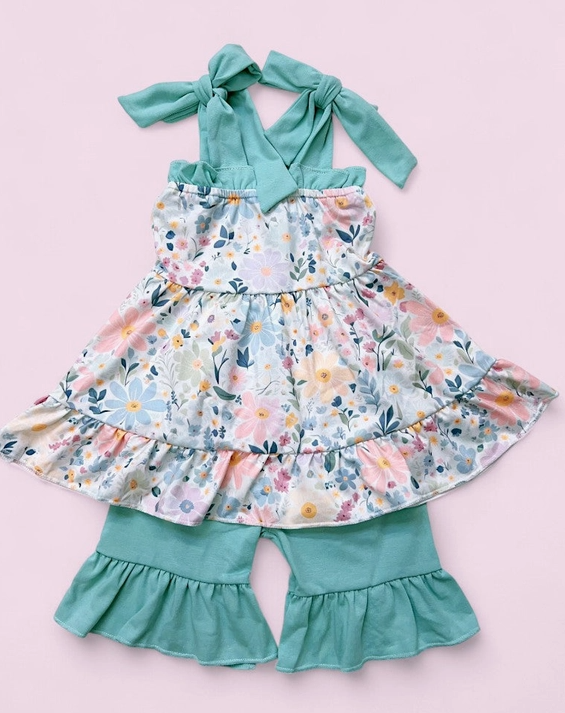 Floral Tunic and Teal Ruffled Short Set