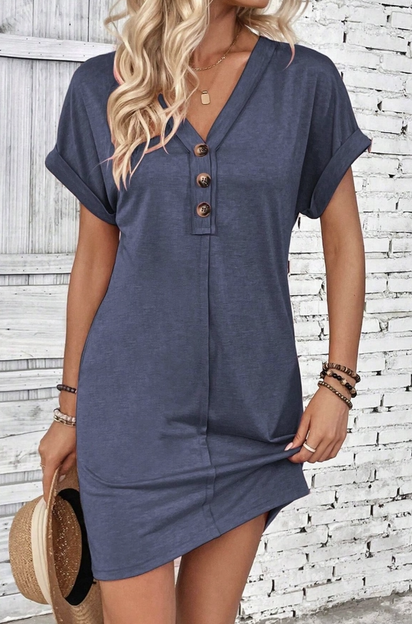 SUMMER V-Neck Button-Up Short-Sleeved Dress Short