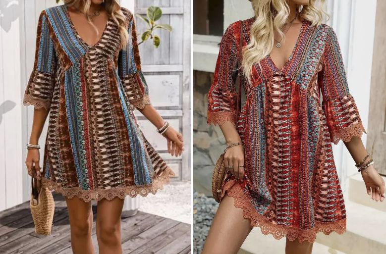 Bohemian Chic V-Neck Striped Print Lace Trim Dress
