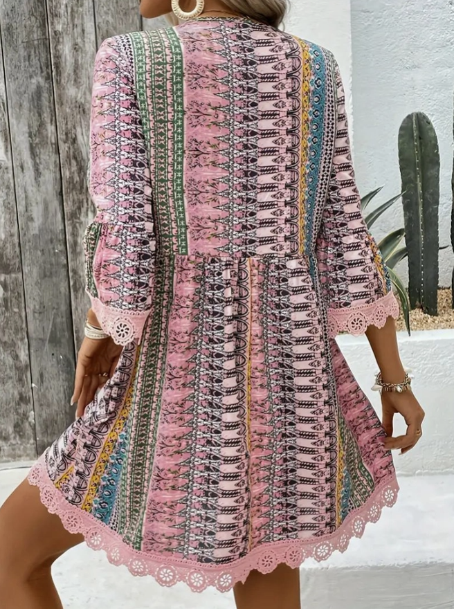 Bohemian Chic V-Neck Striped Print Lace Trim Dress
