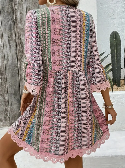 Bohemian Chic V-Neck Striped Print Lace Trim Dress