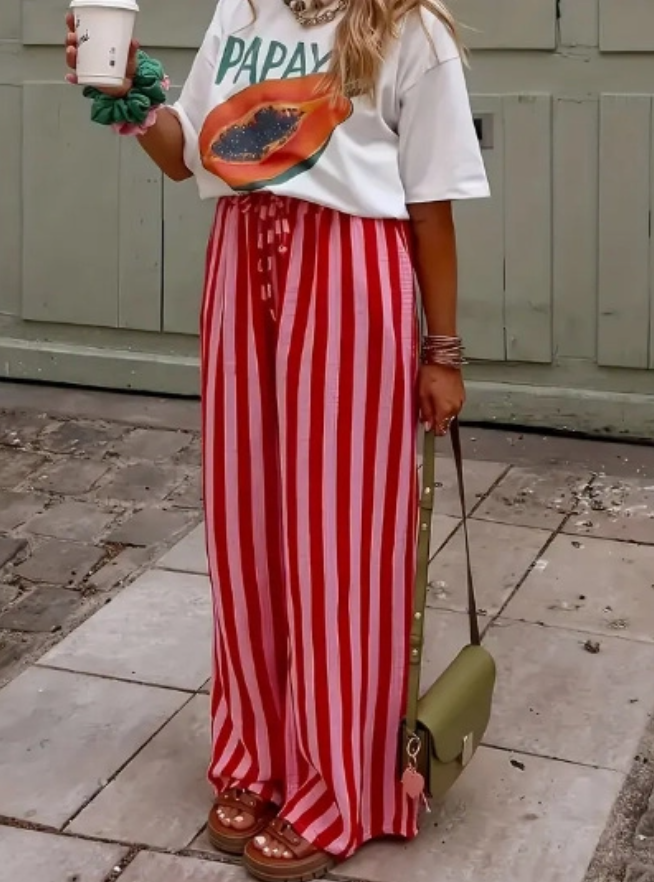 Multi Color Boho Beach Vertical Stripe Lace-Up Pants
