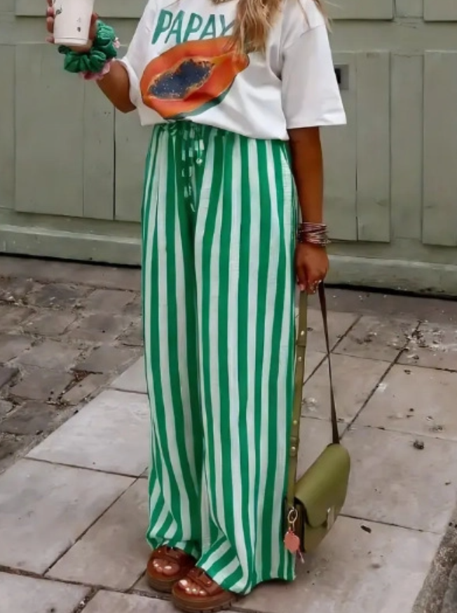 Multi Color Boho Beach Vertical Stripe Lace-Up Pants