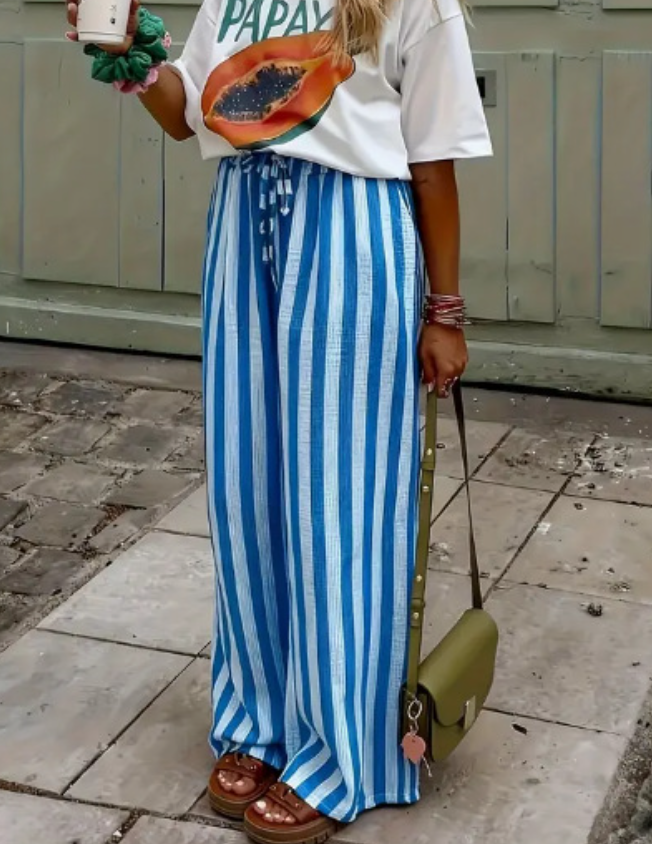 Multi Color Boho Beach Vertical Stripe Lace-Up Pants