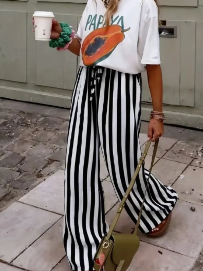 Multi Color Boho Beach Vertical Stripe Lace-Up Pants